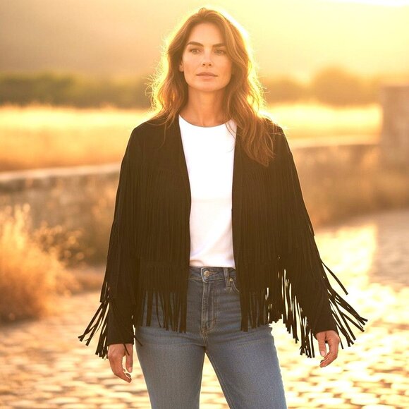 Wrangler Black Fringe Open Front Jacket Size M Western Country Dance Concert - Picture 7 of 7